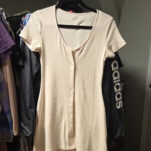 Cream Button-Front Mini Dress with Short Sleeves